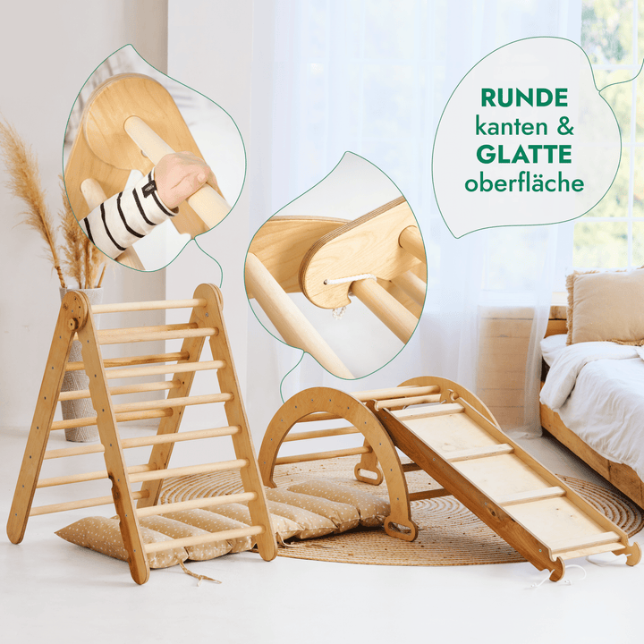 4in1 Montessori Klettergerüst Set: Kletterdreieck mit Rutsche, Kletterbogen mit Kissen, für Kinder 1 - 7 Jahre – Beige - Goodevas Deutschland