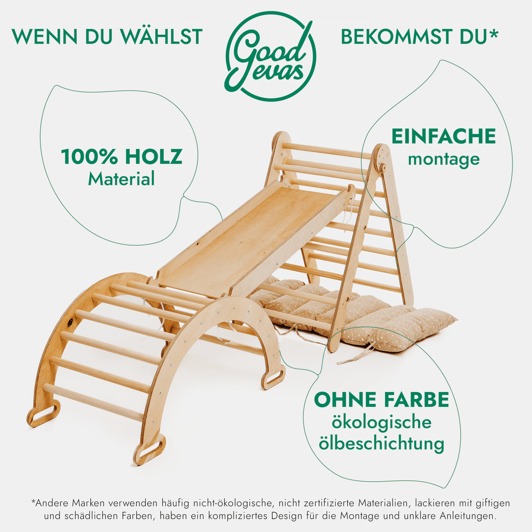 4in1 Montessori Klettergerüst Set: Kletterdreieck mit Rutsche, Kletterbogen mit Kissen, für Kinder 1 - 7 Jahre – Beige - Goodevas Deutschland