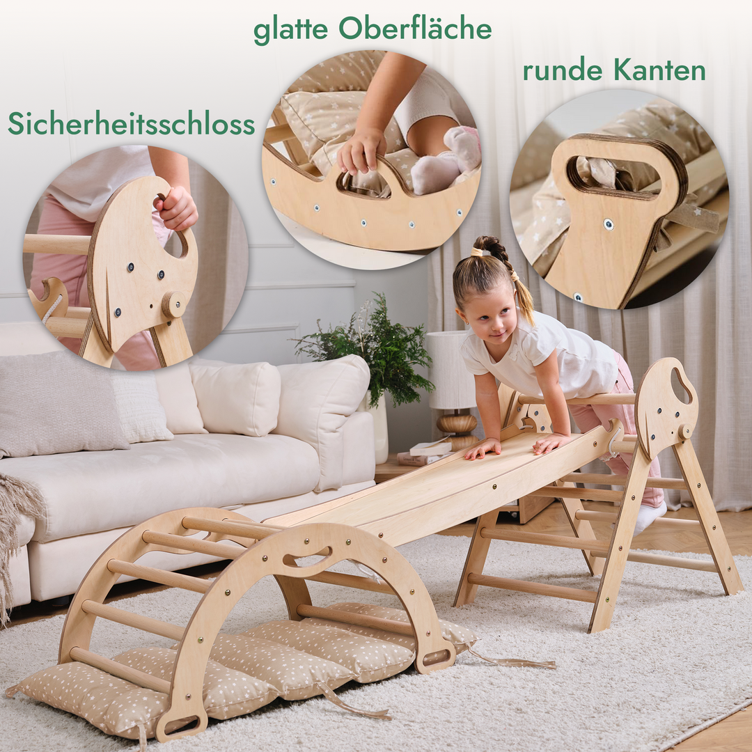 Montessori 4-in-1 Kletterdreieck für Babys: Pikler-Dreieck, Kletterbogen, Rutschbrett und Kissen für Kleinkinder (1–3 Jahre)