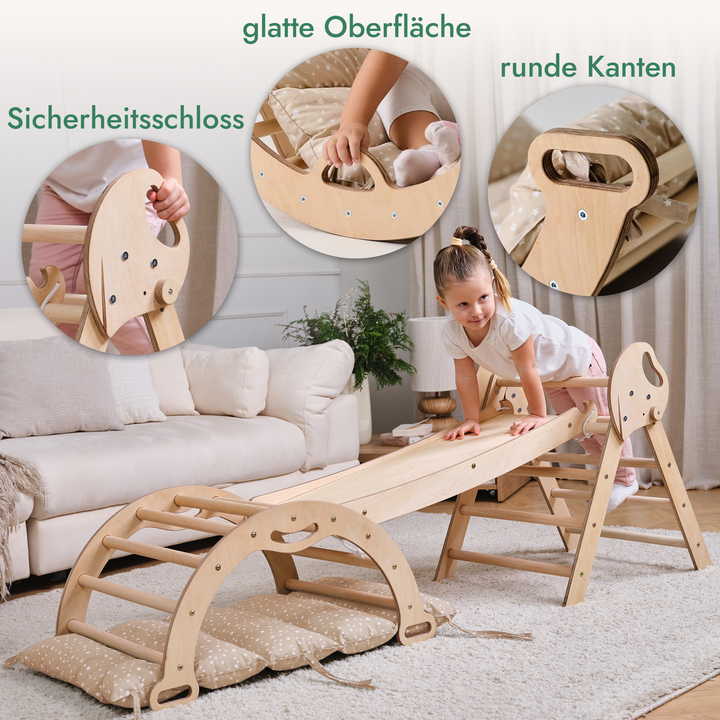 Montessori 4-in-1 Kletterdreieck für Babys: Pikler-Dreieck, Kletterbogen, Rutschbrett und Kissen für Kleinkinder (1–3 Jahre)