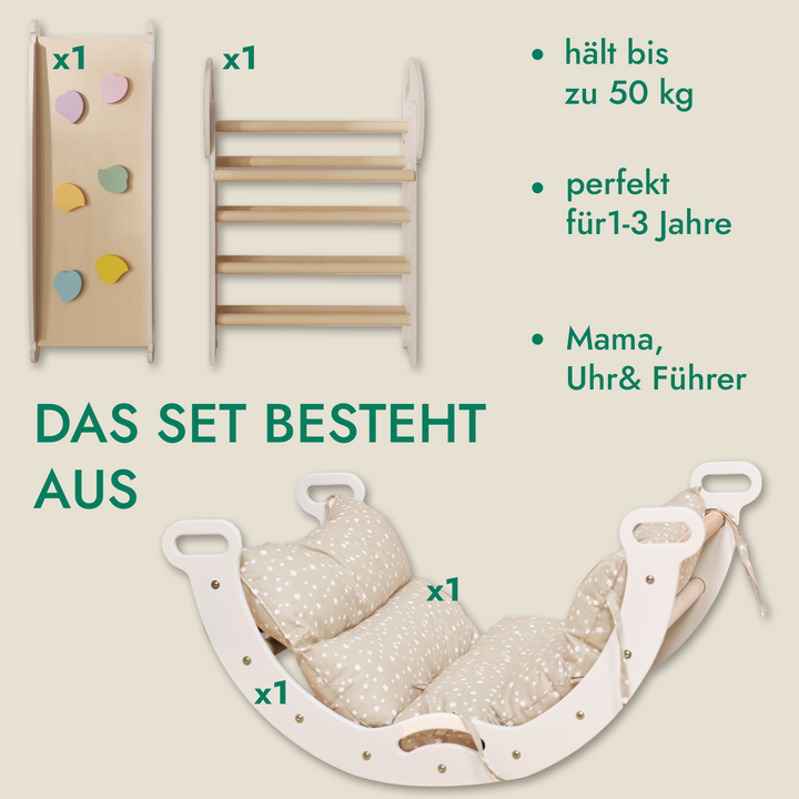 Montessori 4-in-1 Kletterdreieck für Babys: Pikler-Dreieck, Kletterbogen, Rutschbrett und Kissen für Kleinkinder (1–3 Jahre)