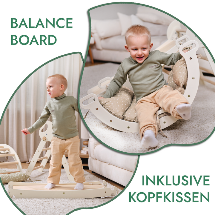 Montessori 4-in-1 Kletterdreieck für Babys: Pikler-Dreieck, Kletterbogen, Rutschbrett und Kissen für Kleinkinder (1–3 Jahre)