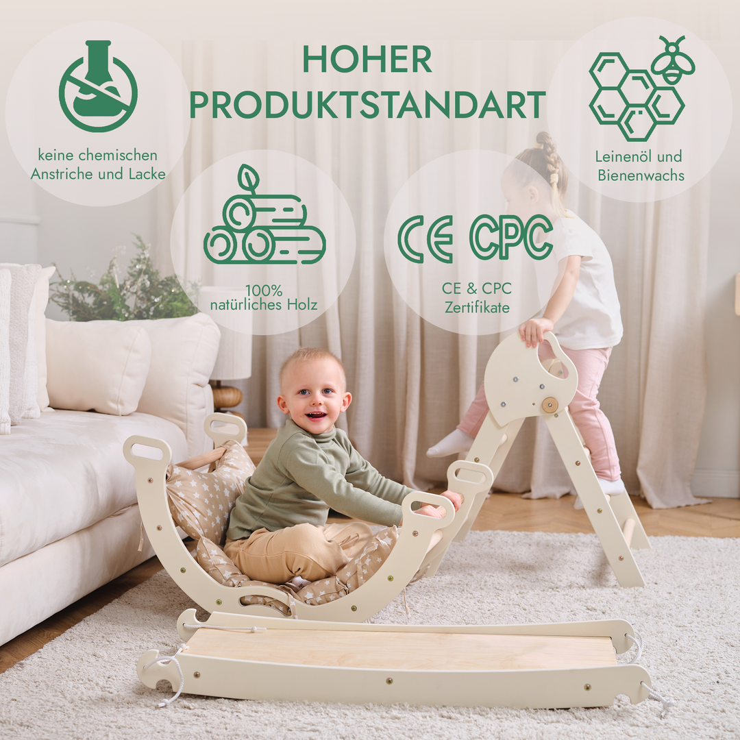 Montessori 4-in-1 Kletterdreieck für Babys: Pikler-Dreieck, Kletterbogen, Rutschbrett und Kissen für Kleinkinder (1–3 Jahre)