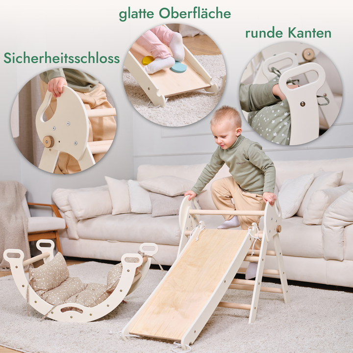 Montessori 4-in-1 Kletterdreieck für Babys: Pikler-Dreieck, Kletterbogen, Rutschbrett und Kissen für Kleinkinder (1–3 Jahre)