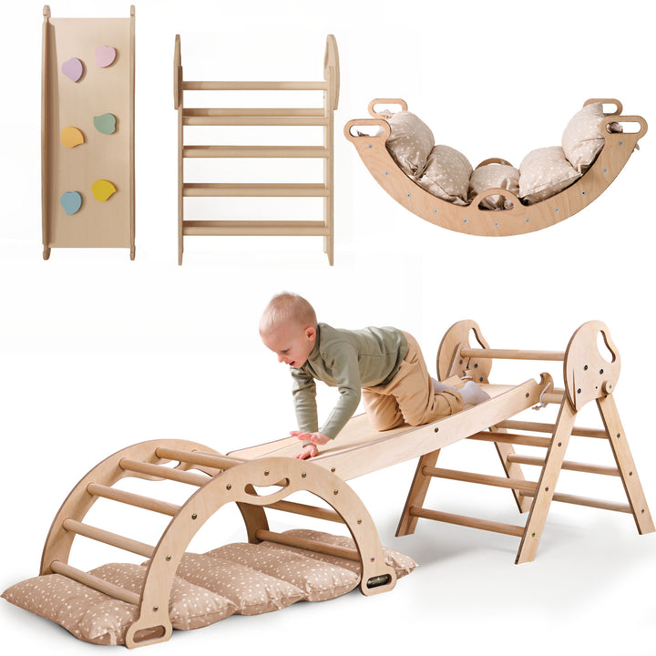 Montessori 4-in-1 Kletterdreieck für Babys: Pikler-Dreieck, Kletterbogen, Rutschbrett und Kissen für Kleinkinder (1–3 Jahre)