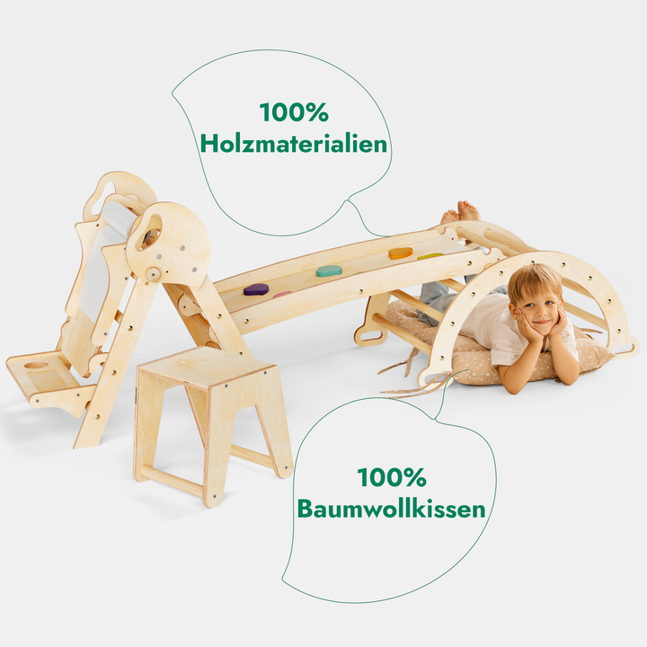 Montessori 5in1 Kletterdreieck für Babys: Pikler-Dreieck, Kletterbogen, Kunst-Erweiterung ,Rutschbrett und Kissen für Kleinkinder (1–3 Jahre)
