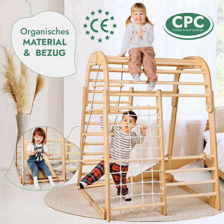 6in1 Indoor Spielplatz für Kinder: Klettergerüst mit Kletternetz, Rutsche, Gymnastikringe, Hängende Leiter und Disc-Schaukel – Beige