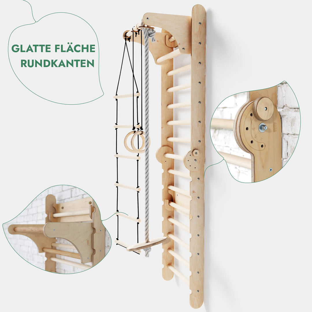 6in1 Kletterwand Indoor: Sprossenwand, Gymnastikringe, Hängende Leiter, Disc-Schaukel, Rutsche und Klimmzugstange für Kinder