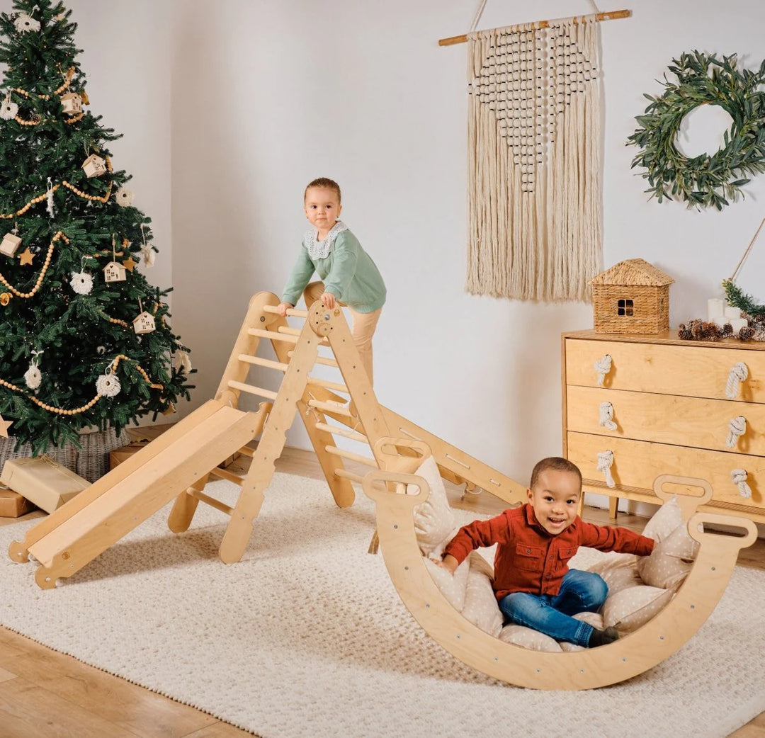 5in1 Klettergerüst Indoor Set – Montessori Kletterdreieck + Kletterbogen + Kissen, Kletternetz + Rutsche für Kinder von 1 bis 7 Jahren – Beige