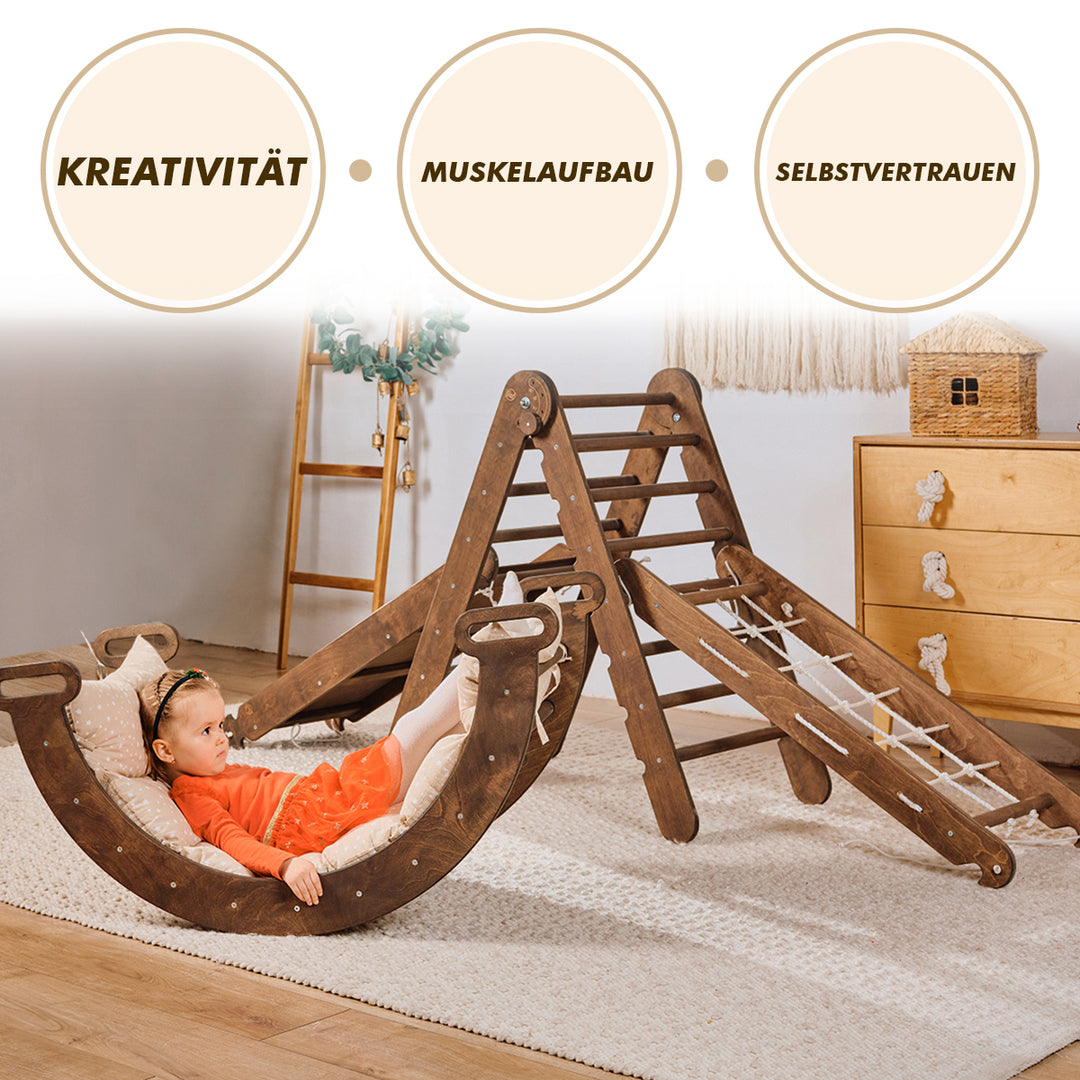 5in1 Klettergerüst Indoor Set – Montessori Kletterdreieck + Kletterbogen + Kissen, Kletternetz + Rutsche für Kinder von 1 bis 7 Jahren – Beige