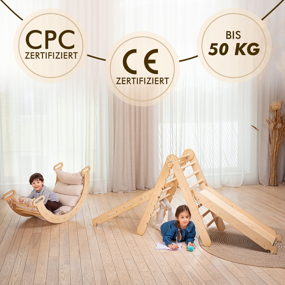 5in1 Klettergerüst Indoor Set – Montessori Kletterdreieck + Kletterbogen + Kissen, Kletternetz + Rutsche für Kinder von 1 bis 7 Jahren – Beige