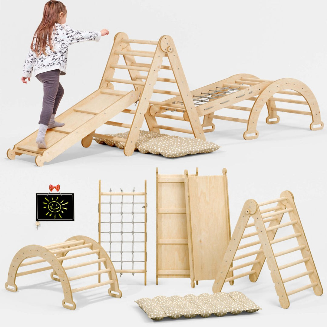 5in1 Montessori Klettergerüst Set: Kletterdreieck mit Rutsche, Kletterbogen, Kletternetz und Kissen, für Kinder 1-7 Jahre – Beige