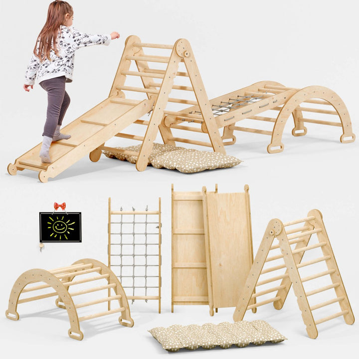5in1 Montessori Klettergerüst Set: Kletterdreieck mit Rutsche, Kletterbogen, Kletternetz und Kissen, für Kinder 1-7 Jahre – Beige