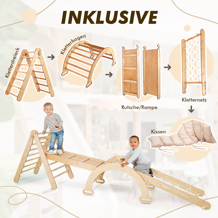 5in1 Klettergerüst Indoor Set – Montessori Kletterdreieck + Kletterbogen + Kissen, Kletternetz + Rutsche für Kinder von 1 bis 7 Jahren – Beige