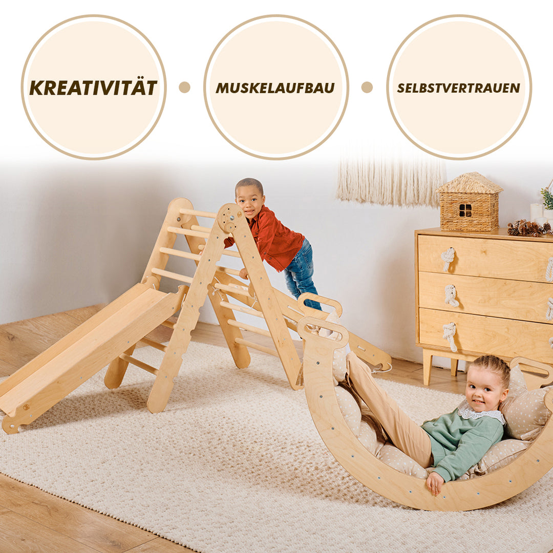 5in1 Klettergerüst Indoor Set – Montessori Kletterdreieck + Kletterbogen + Kissen, Kletternetz + Rutsche für Kinder von 1 bis 7 Jahren – Beige