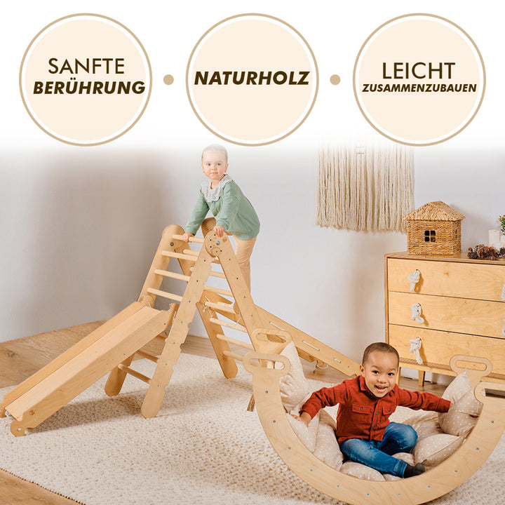 5in1 Klettergerüst Indoor Set – Montessori Kletterdreieck + Kletterbogen + Kissen, Kletternetz + Rutsche für Kinder von 1 bis 7 Jahren – Beige