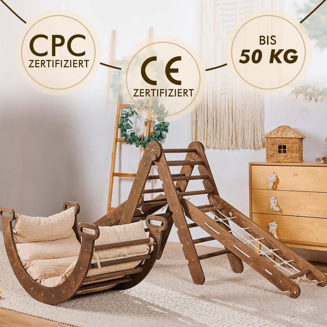 5in1 Klettergerüst Indoor Set – Montessori Kletterdreieck + Kletterbogen + Kissen, Kletternetz + Rutsche für Kinder von 1 bis 7 Jahren – Beige