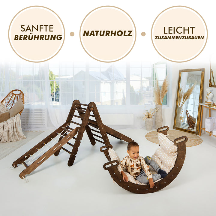 5in1 Klettergerüst Indoor Set – Montessori Kletterdreieck + Kletterbogen + Kissen, Kletternetz + Rutsche für Kinder von 1 bis 7 Jahren – Beige