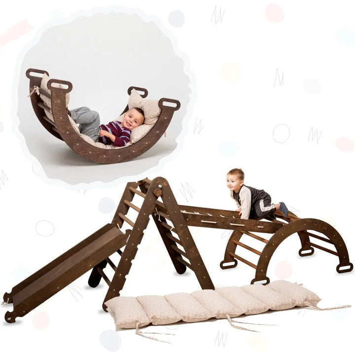 5in1 Montessori Klettergerüst Set: Kletterdreieck + Kletterbogen mit Kissen + Kletternetz und Rutsche für Kinder 1-7 Jahre – Schokolade