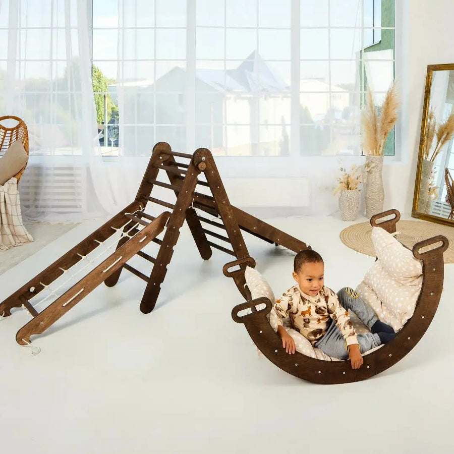 5in1 Montessori Klettergerüst Set: Kletterdreieck + Kletterbogen mit Kissen + Kletternetz und Rutsche für Kinder 1 - 7 Jahre – Schokolade - Goodevas Deutschland