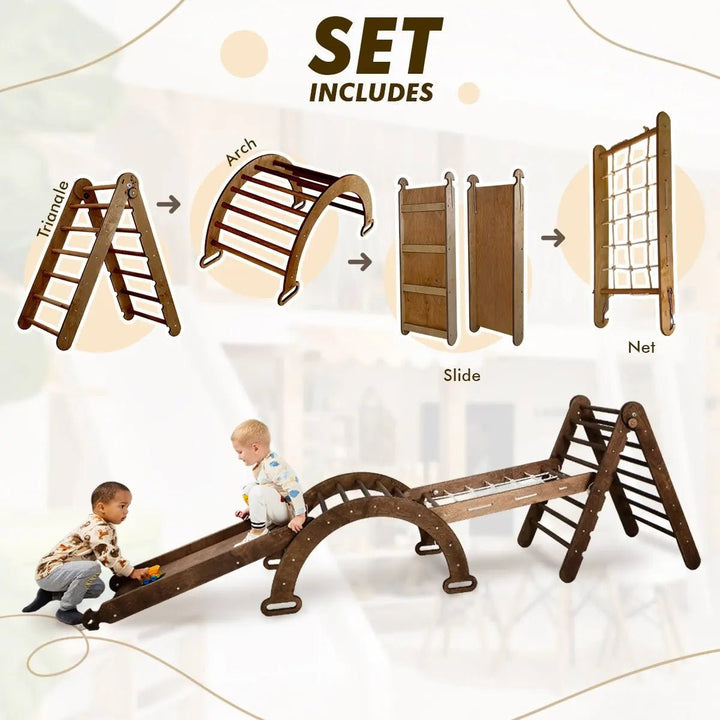 5in1 Montessori Klettergerüst Set: Kletterdreieck + Kletterbogen mit Kissen + Kletternetz und Rutsche für Kinder 1 - 7 Jahre – Schokolade - Goodevas Deutschland