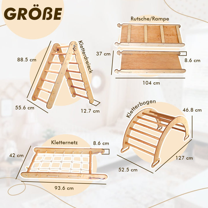 5in1 Montessori Klettergerüst Set: Kletterdreieck + Kletterbogen mit Kissen + Kletternetz und Rutsche für Kinder 1 - 7 Jahre – Schokolade - Goodevas Deutschland