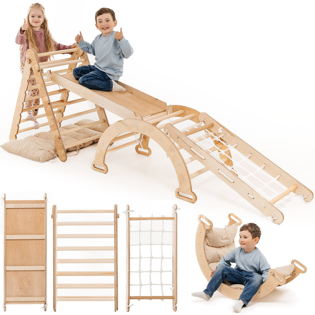 5in1 Montessori Klettergerüst Set: Kletterdreieck mit Rutsche, Kletterbogen, Kletternetz und Kissen, für Kinder 1 - 7 Jahre – Beige - Goodevas DE