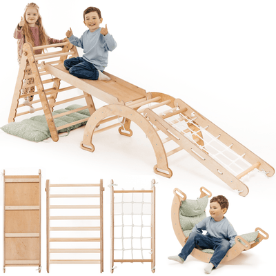5in1 Climbing Frame Indoor Set – Montessori Climbing Triangle + Climbing Arch + Cushion, Climbing Net + Slide for Children from 1 to 7 Years – Beige