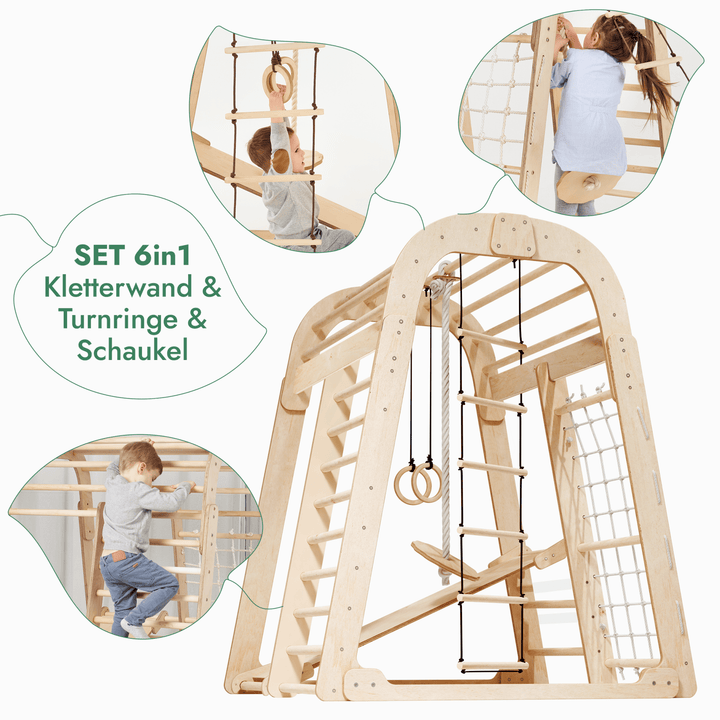 6in1 Indoor Spielplatz für Kinder: Klettergerüst mit Kletternetz, Rutsche, Gymnastikringe, Hängende Leiter und Disc - Schaukel – Beige - Goodevas Deutschland