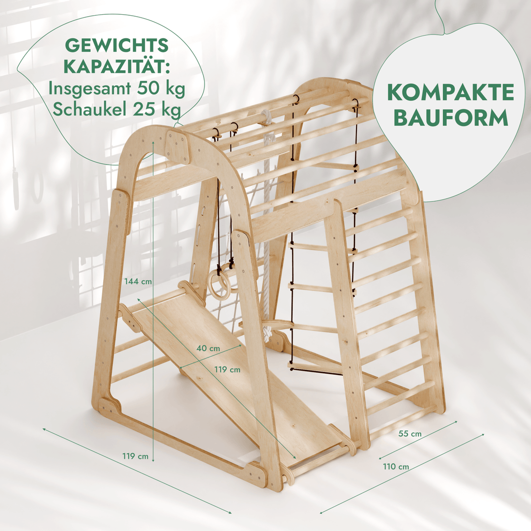 6in1 Indoor Spielplatz für Kinder: Klettergerüst mit Kletternetz, Rutsche, Gymnastikringe, Hängende Leiter und Disc - Schaukel – Beige - Goodevas Deutschland