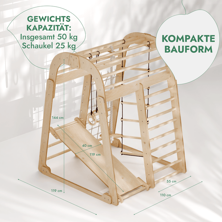 6in1 Indoor Spielplatz für Kinder: Klettergerüst mit Kletternetz, Rutsche, Gymnastikringe, Hängende Leiter und Disc - Schaukel – Beige - Goodevas Deutschland