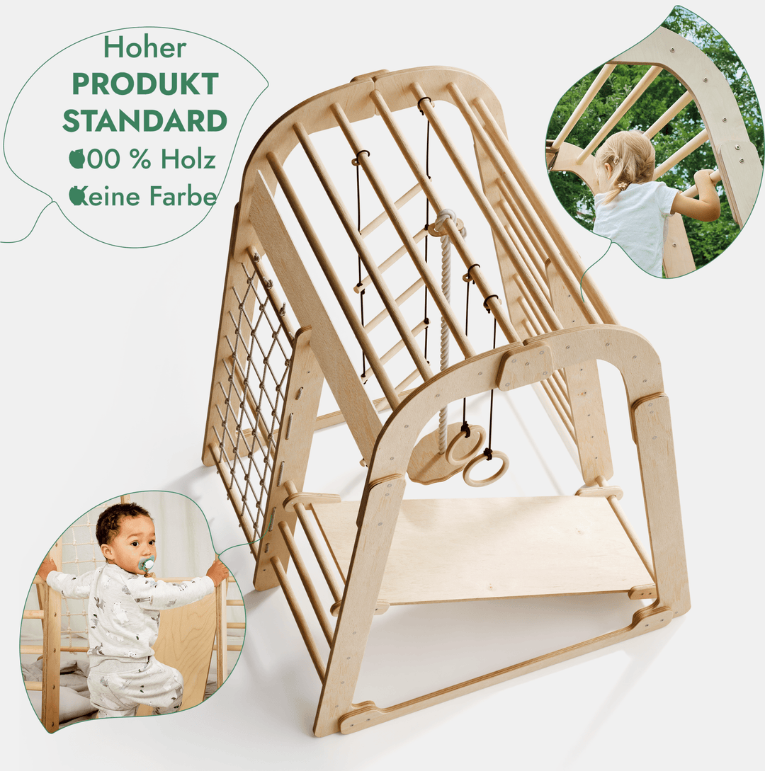 6in1 Indoor Spielplatz für Kinder: Klettergerüst mit Kletternetz, Rutsche, Gymnastikringe, Hängende Leiter und Disc - Schaukel – Beige - Goodevas Deutschland