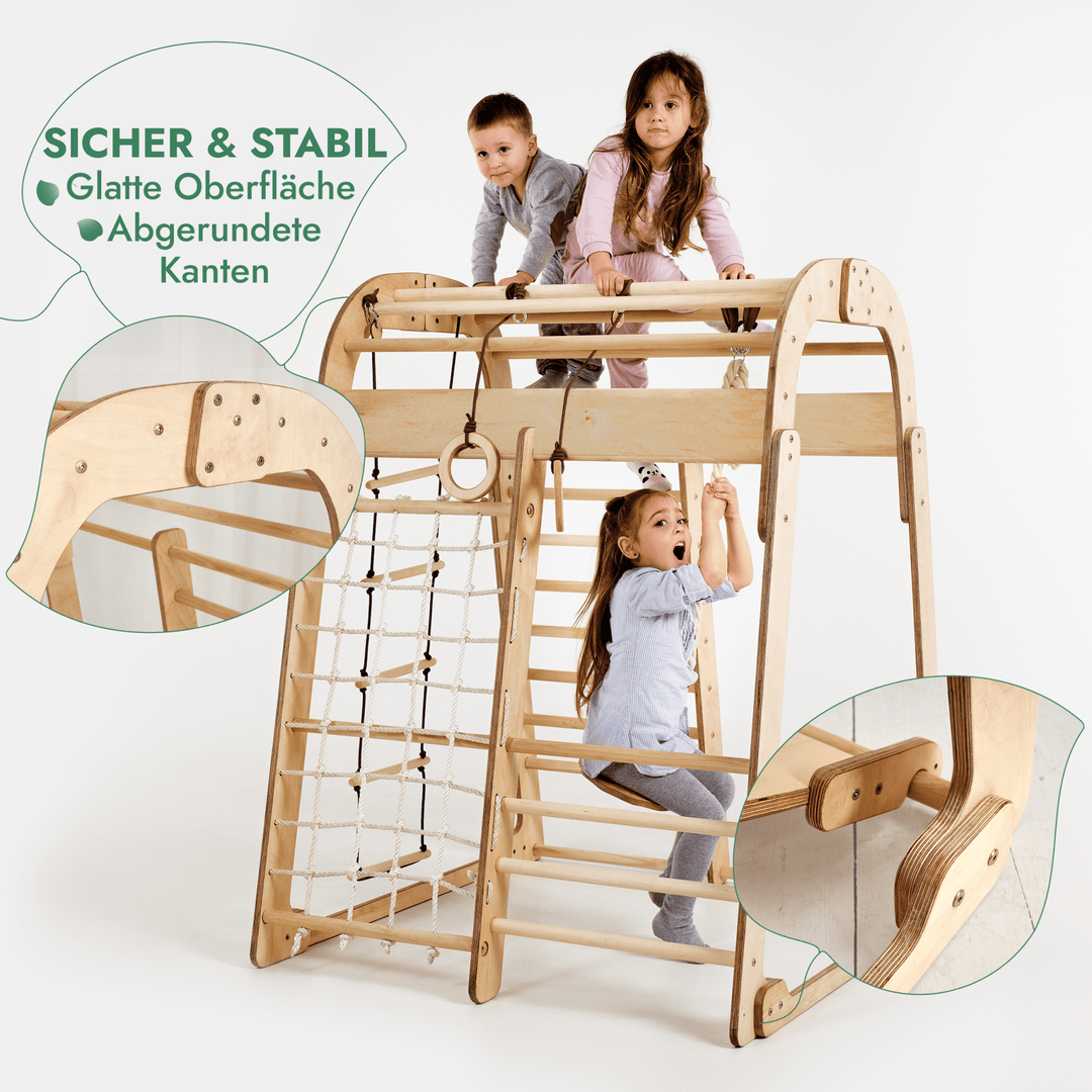 6in1 Indoor Spielplatz für Kinder: Klettergerüst mit Kletternetz, Rutsche, Gymnastikringe, Hängende Leiter und Disc - Schaukel – Beige - Goodevas Deutschland