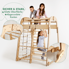 6in1 Indoor Spielplatz für Kinder: Klettergerüst mit Kletternetz, Rutsche, Gymnastikringe, Hängende Leiter und Disc - Schaukel – Beige - Goodevas Deutschland