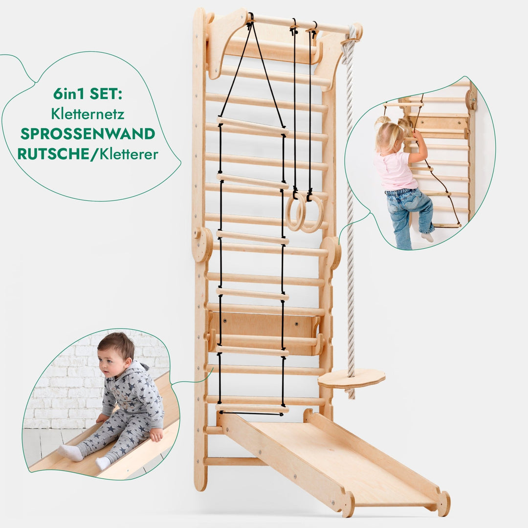 6in1 Kletterwand Indoor: Sprossenwand, Gymnastikringe, Hängende Leiter, Disc - Schaukel, Rutsche und Klimmzugstange für Kinder - Goodevas Deutschland