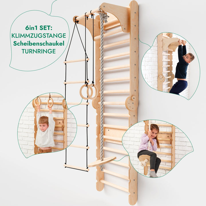 6in1 Kletterwand Indoor: Sprossenwand, Gymnastikringe, Hängende Leiter, Disc - Schaukel, Rutsche und Klimmzugstange für Kinder - Goodevas Deutschland