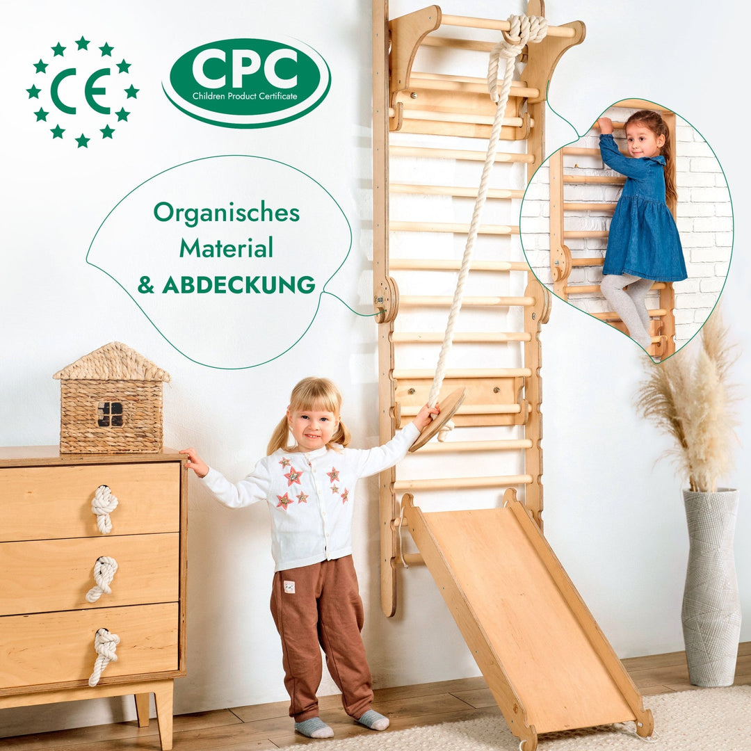 6in1 Kletterwand Indoor: Sprossenwand, Gymnastikringe, Hängende Leiter, Disc - Schaukel, Rutsche und Klimmzugstange für Kinder - Goodevas Deutschland