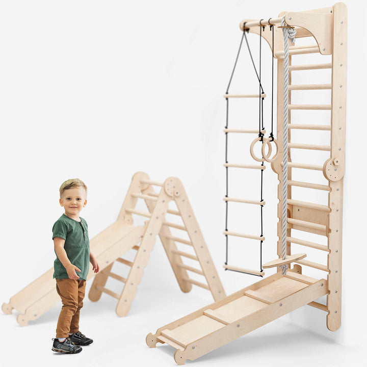 6in1 Kletterwand Indoor: Sprossenwand, Gymnastikringe, Hängende Leiter, Disc - Schaukel, Rutsche und Klimmzugstange für Kinder - Goodevas Deutschland
