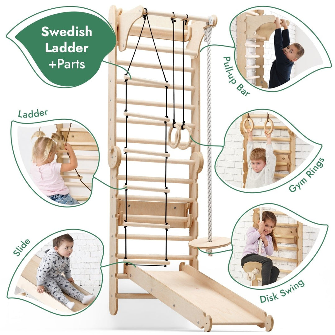 8in1 Kletterwand Indoor: Sprossenwand, Gymnastikringe, Hängende Leiter, Disc-Schaukel, Rutsche, Klimmzugstange, Maltafel und Kinderstuhl für Kinder – Beige
