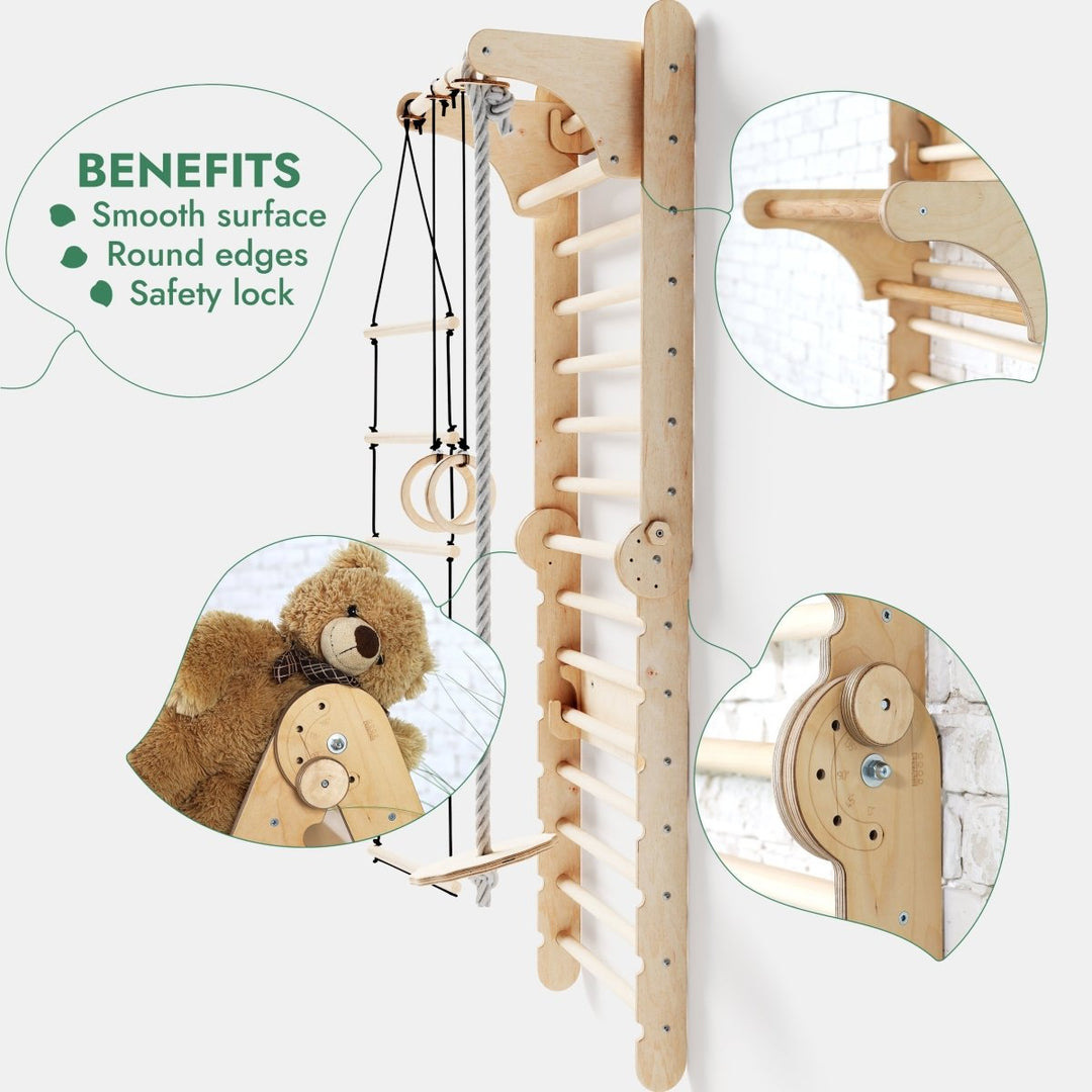 8in1 Kletterwand Indoor: Sprossenwand, Gymnastikringe, Hängende Leiter, Disc-Schaukel, Rutsche, Klimmzugstange, Maltafel und Kinderstuhl für Kinder – Beige