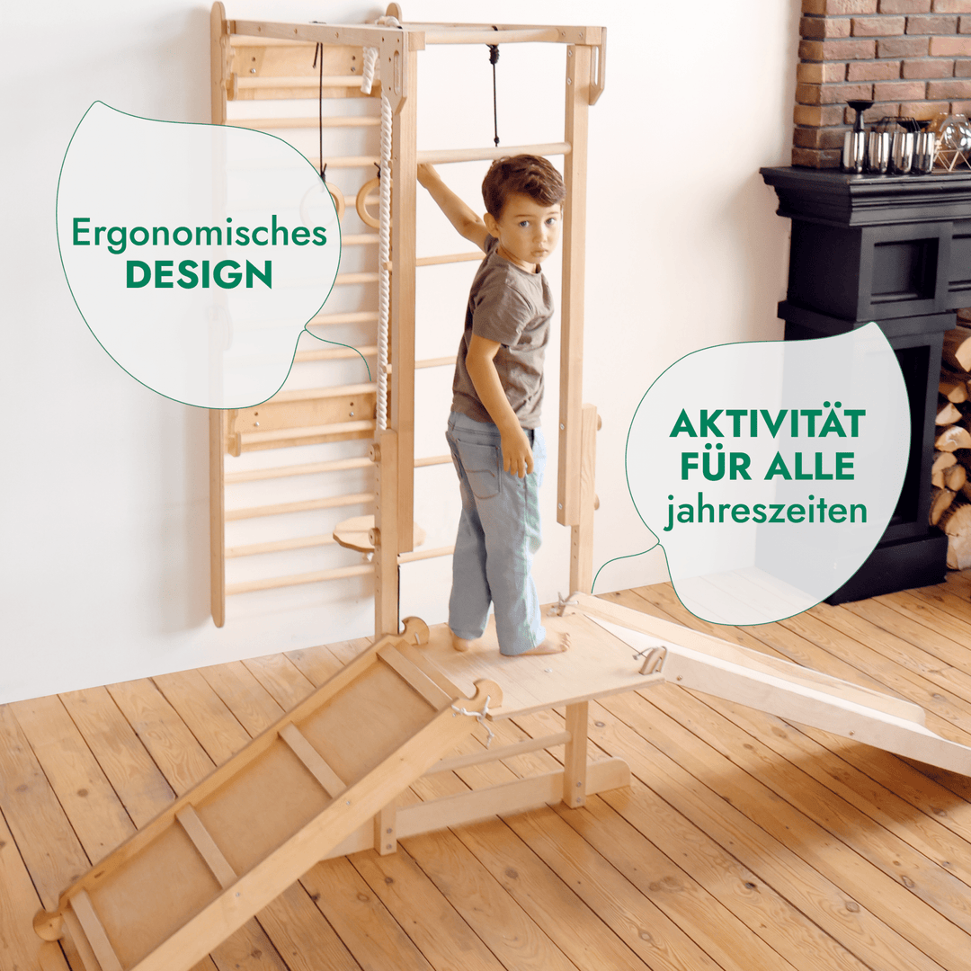 7 - in - 1 Dschungel - Spielset für Kinder: Sprossenwand + Kletterstange + Schaukelset + Rutsche + Kletterrampe - Goodevas DE