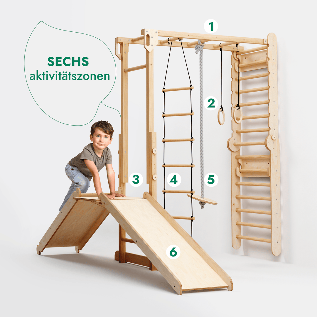 7 - in - 1 Dschungel - Spielset für Kinder: Sprossenwand + Kletterstange + Schaukelset + Rutsche + Kletterrampe - Goodevas DE