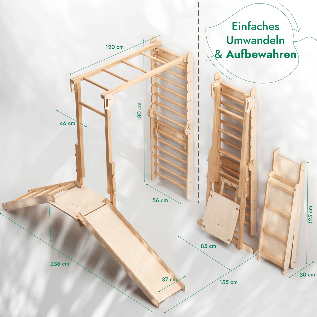 7 - in - 1 Dschungel - Spielset für Kinder: Sprossenwand + Kletterstange + Schaukelset + Rutsche + Kletterrampe - Goodevas DE