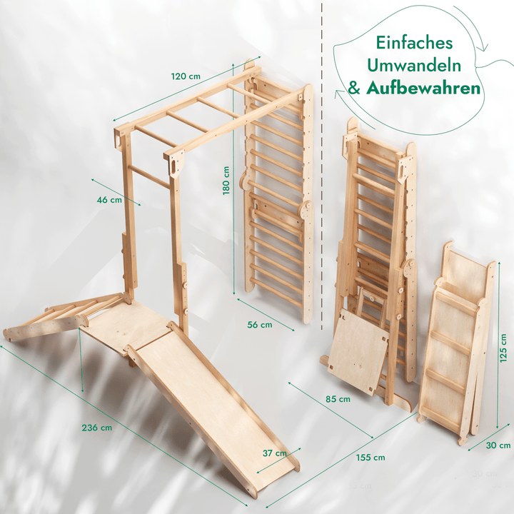7 - in - 1 Dschungel - Spielset für Kinder: Sprossenwand + Kletterstange + Schaukelset + Rutsche + Kletterrampe - Goodevas DE