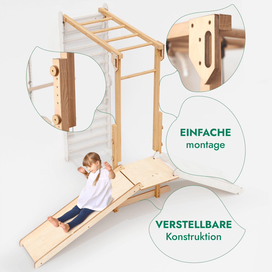 7 - in - 1 Dschungel - Spielset für Kinder: Sprossenwand + Kletterstange + Schaukelset + Rutsche + Kletterrampe - Goodevas DE