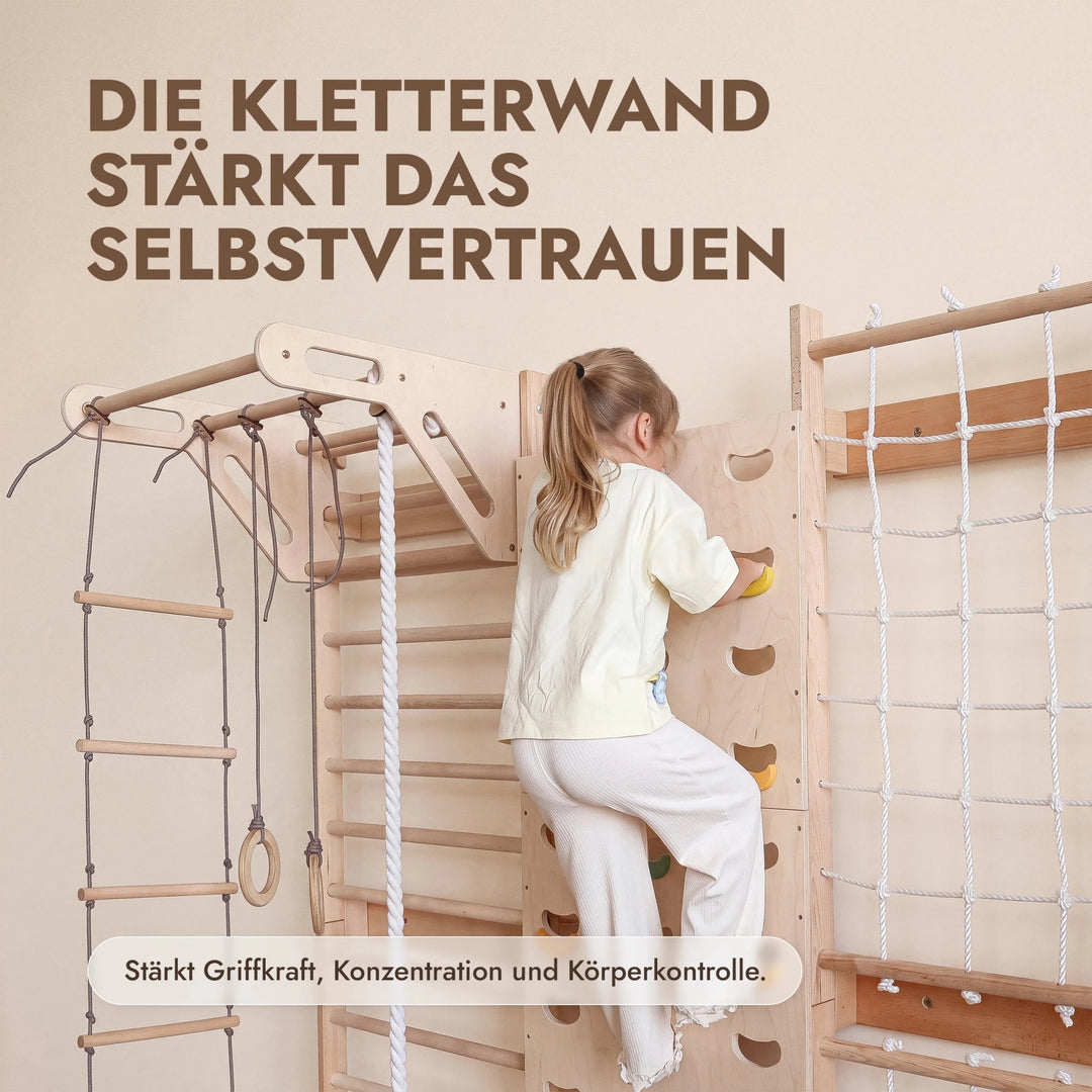 7-in-1 Kletterwand fürs Kinderzimmer mit Sprossenwand, Kletternetz, Klimmzugstange & (3in1) Kinderschaukel-Set - Goodevas DE