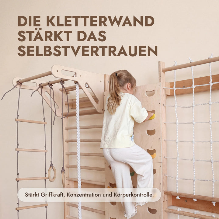 7-in-1 Kletterwand fürs Kinderzimmer mit Sprossenwand, Kletternetz, Klimmzugstange & (3in1) Kinderschaukel-Set - Goodevas DE