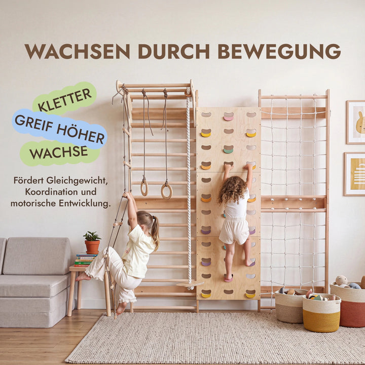 7-in-1 Kletterwand fürs Kinderzimmer mit Sprossenwand, Kletternetz, Klimmzugstange & (3in1) Kinderschaukel-Set - Goodevas DE