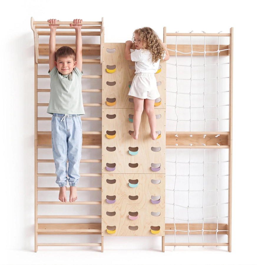 7-in-1 Kletterwand fürs Kinderzimmer mit Sprossenwand, Kletternetz, Klimmzugstange & (3in1) Kinderschaukel-Set - Goodevas DE