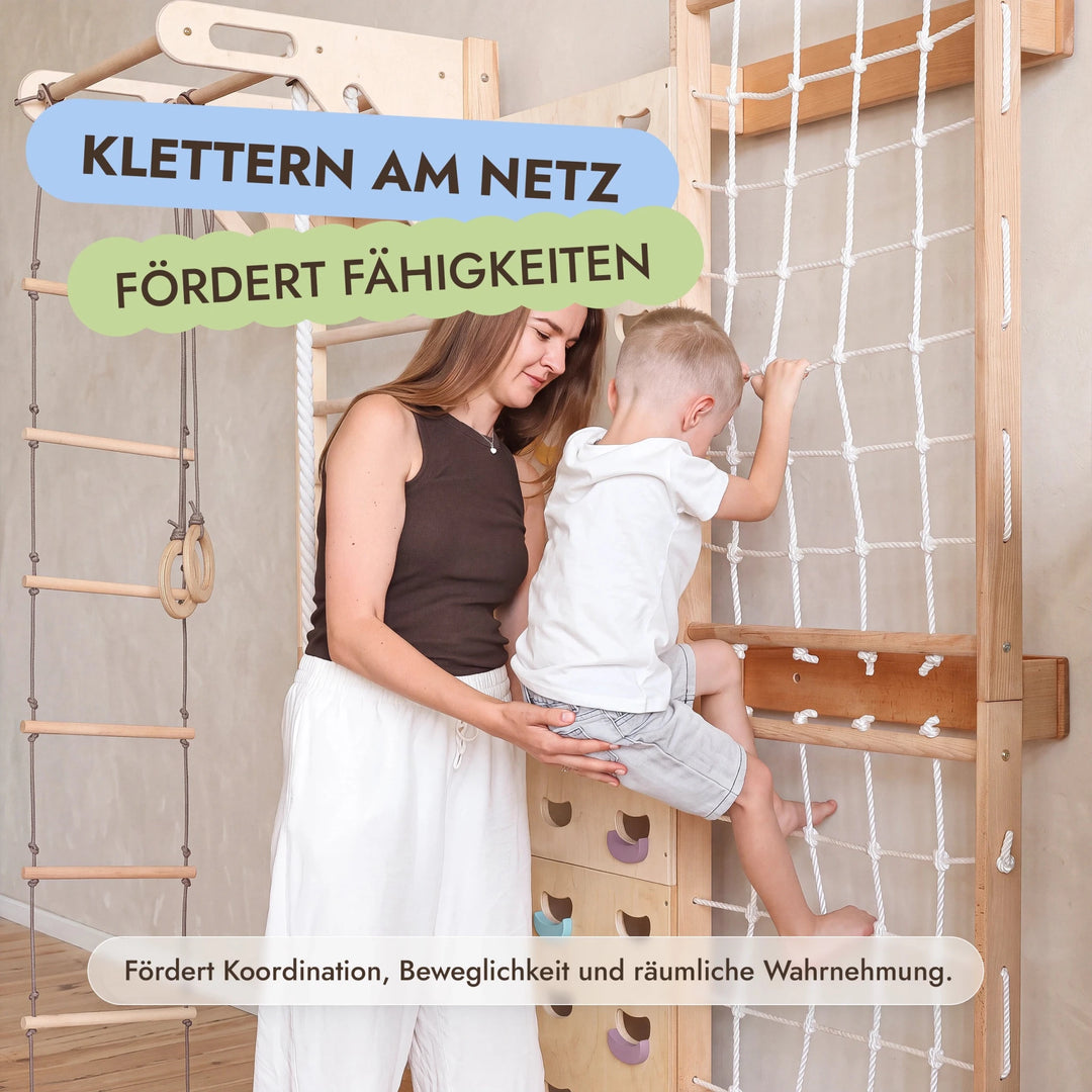 7-in-1 Kletterwand fürs Kinderzimmer mit Sprossenwand, Kletternetz, Klimmzugstange & (3in1) Kinderschaukel-Set - Goodevas DE